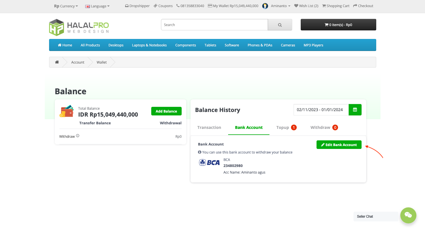 customer bank account on opencart wallet system